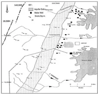 Gambar 4. DAS dan Arah aliran sungai dari barat ke  timur melalui akuifer produktif (Anonim  1,2002 dan LAPI ITB, 2013)