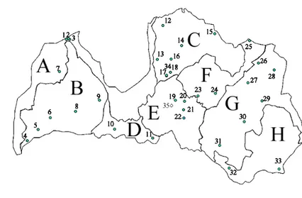 Figure  1.  Studied  territories.  1  –  Cirsti    2  –  Šlīteres  bāka,  3  –  WKH  in  Slītere  National  Park,  4  –  Dunika  nature  Reserve,  5  –  RuĦupe  valley  nature  Reserve,  6  –  Venta  un  Šėervelis  nature  Reserve,  7  -    Moricsala  Natu