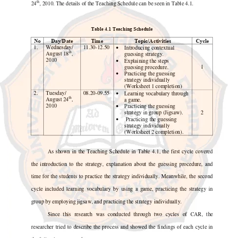Table 4.1 Teaching Schedule 