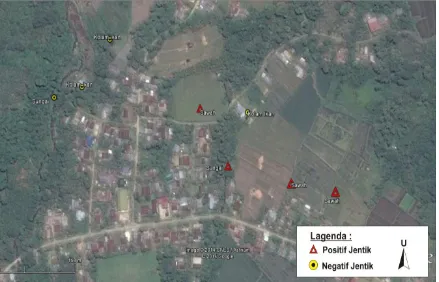 Gambar 2.   Peta distribusi habitat perkembangbiakan nyamuk Anopheles spp pada ekosistem pedalaman di Desa Kaluku Tinggu Kabupaten Sigi, Sulawesi  Tengah, 2014