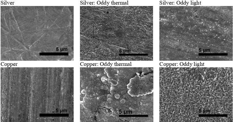 Figure 5. Corrosion crystal morphology on Thermal and Light Oddy tested silver and copper coupons