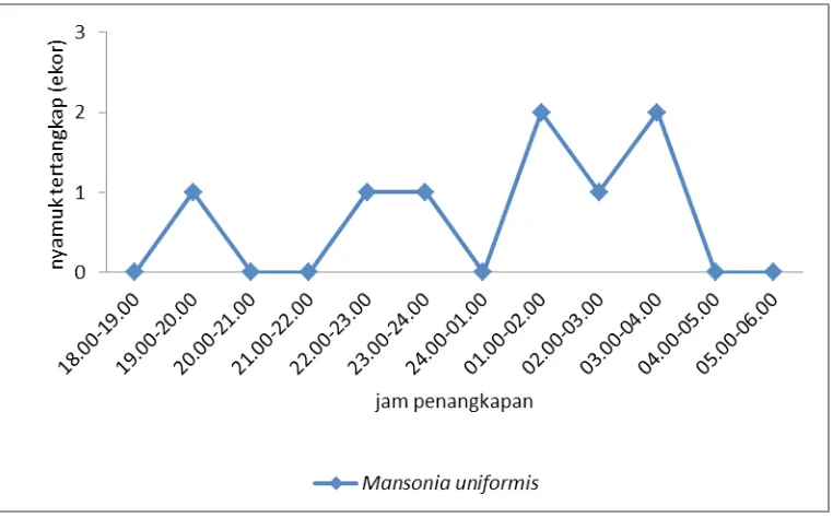 Gambar 3.  Fluktuasi nyamuk Ma. uniformis yang tertangkap dengan metode umpan orang dan penangkapan nyamuk resting di Desa Perambahan Kabupaten Banyuasin 