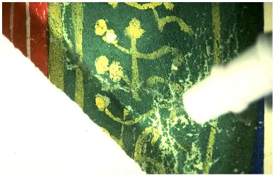 Fig. 7. Photomicrograph showing consolidation of friable green paint using the Ultrasonic Mister