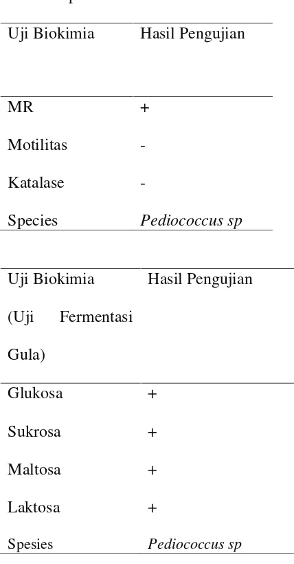 Tabel 1. Hasil Pengujian Biokimia Isolat BAL Pediococcus sp asal saluranpencernaan DOC Broiler.