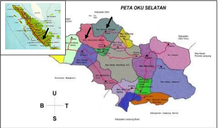 Gambar 1. Peta lokasi penelitian (tanda panah) di Kecamatan Muara Dua Kisam dan Kecamatan Kisam Tinggi Kabupaten OKU Selatan 