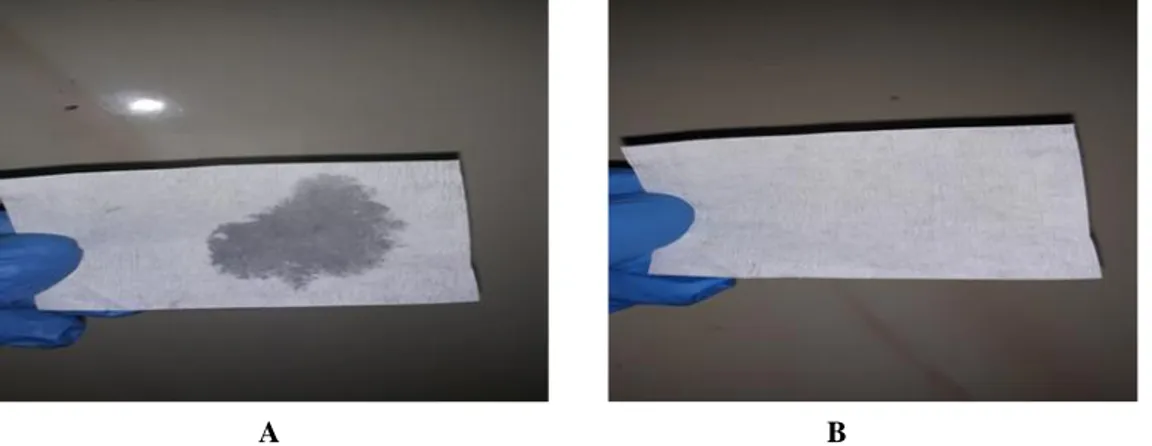 Gambar 1.  Karakterisasi minyak atsiri Setelah diteteskan minyak atsiri (A) dan setelah minyak atsiri  menguap dan tidak meninggalkan noda (B)