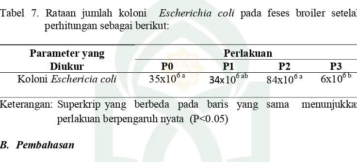 Tabel 7. Rataan jumlah koloni  Escherichia coli pada feses broiler setelah 