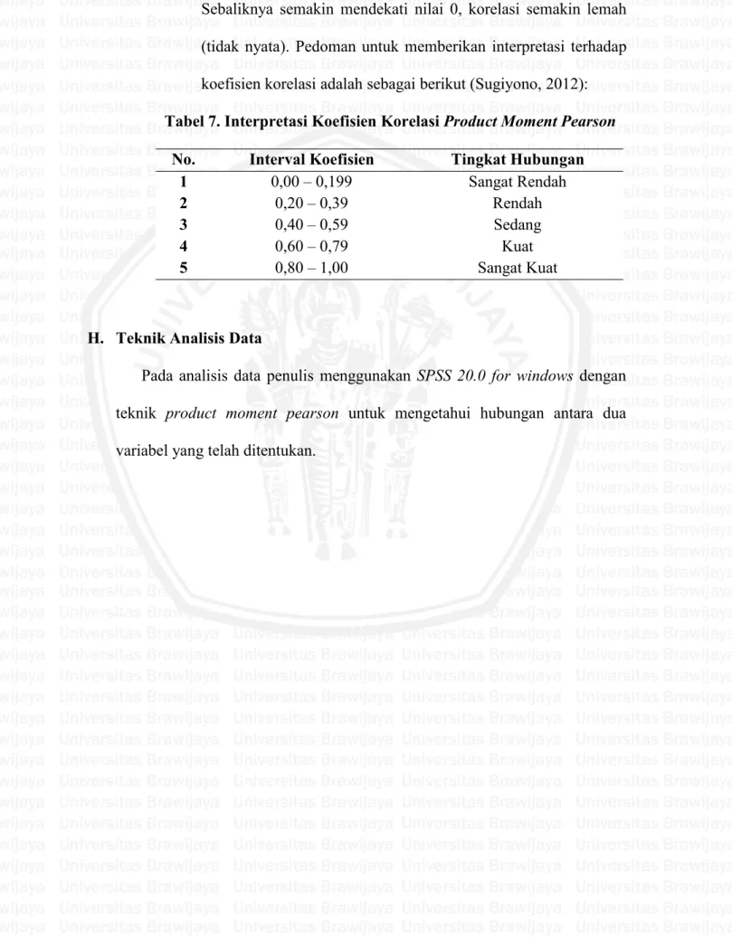 Tabel 7. Interpretasi Koefisien Korelasi Product Moment Pearson No. Interval Koefisien Tingkat Hubungan