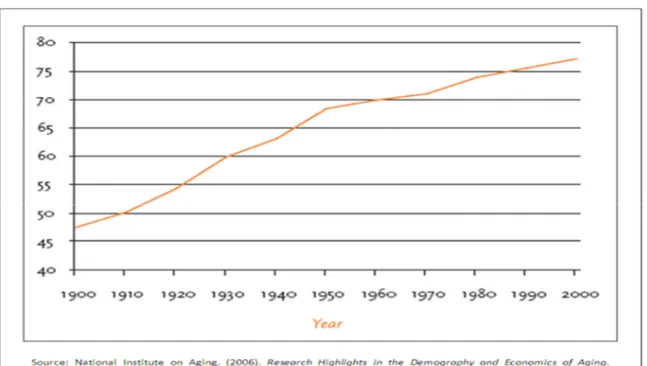 Ilustrasi 3. Grafik Life Expectancy at Birth in the United States 1900 – 2000&#34;