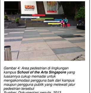 Gambar 4: Area pedestrian di lingkungan  kampus School of the Arts Singapore yang  luasannya cukup memadai untuk 