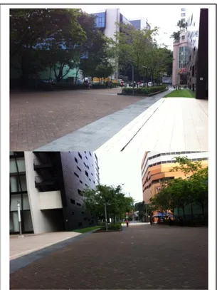 Gambar 8 dan 9: Area pedestrian di area kampus  Lasalle College of Arts. Sebelah kiri memperlihatkan  jalur pedestrian di depan Lasalle yang menuju ke  arah Bugis Village, sementara sebelah kanan  memperlihatkan jalur pedestrian di depan Lasalle  yang menu