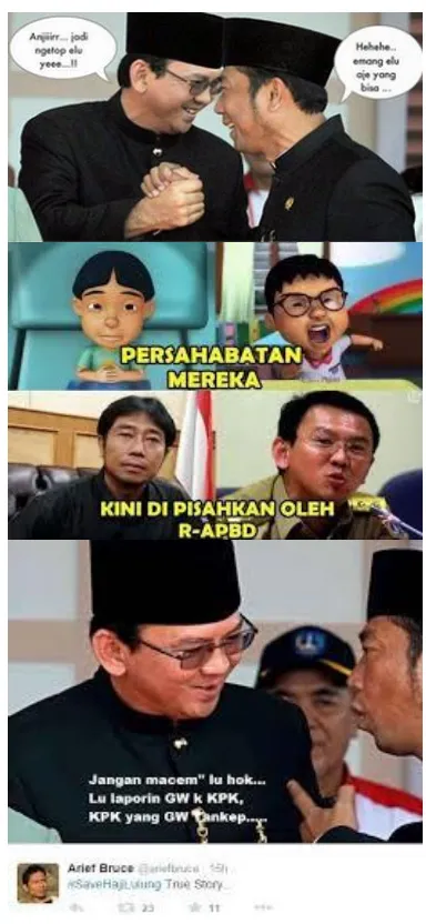 Gambar 5 Objek (makna) Beberapa Meme Perseteruan Haji Lulung dengan Ahok (Sumber: Facebook, Twitter dan Path) 