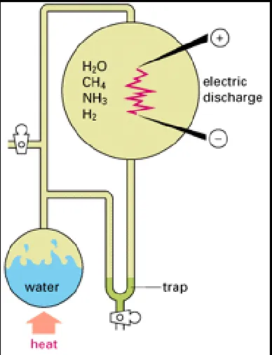 Figure 1-1. A typical experiment simulating conditions on the primitive earth. Water is heated in a closed apparatus containing CH4, NH3, and H2, and an electric discharge is passed through the vaporized mixture