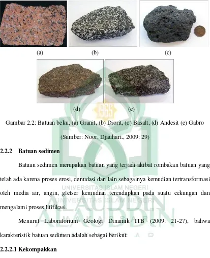 Gambar 2.2: Batuan beku, (a) Granit, (b) Diorit, (c) Basalt, (d) Andesit (e) Gabro 
