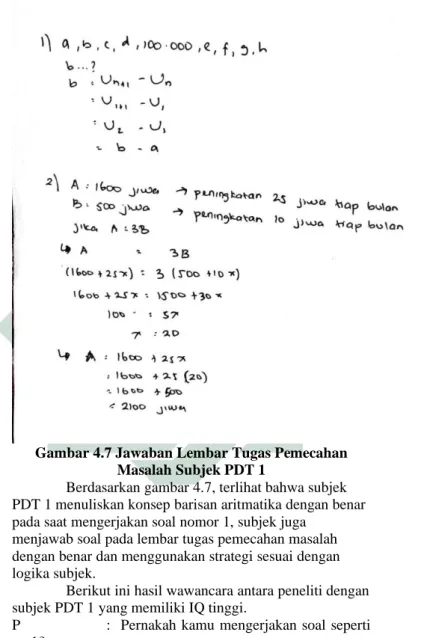 Gambar 4.7 Jawaban Lembar Tugas Pemecahan  Masalah Subjek PDT 1 