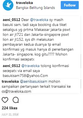 Gambar 4  Keluhan pelanggan  Traveloka di Instagram (Sumber: Instagram traveloka, 2016) 