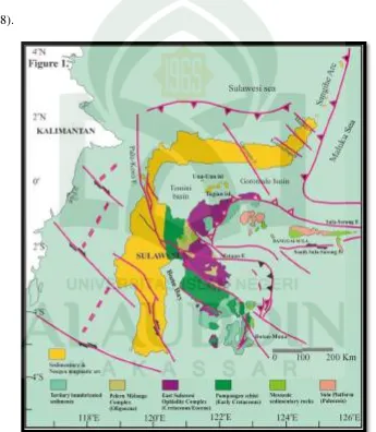 Gambar 2.3: Peta Tektonik dan Struktur Pulau Sulawesi (Sumber: Ronald, 2011). 