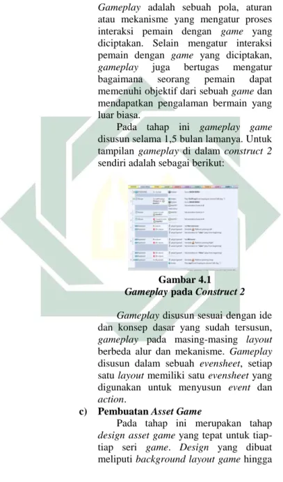 Gambar 4.1  Gameplay pada Construct 2  Gameplay disusun sesuai dengan ide  dan  konsep  dasar  yang  sudah  tersusun,  gameplay  pada  masing-masing  layout  berbeda  alur  dan  mekanisme