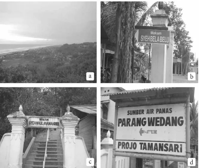 Gambar 6 Beberapa Objek Pariwisata di Kecamatan Kretek: (a) Pantai Parangtritis, (b) Makam Syeh  Belabelu, (c) Makam Syeh Maulana Maghribi, dan (d) Sumber Mata Air Panas Parang Wedang