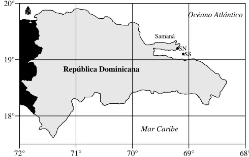 Figure 3. Right. Dominican Republic Map showing the two stations of the Program PTSAVC closest to Samana Bay