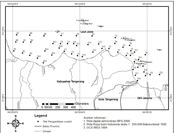 Gambar  1.  Peta  lokasi  penelitian  yang  menampilkan  titik  sampling.  K  =  Kronjo  (K1-K15), C = Cituis (C1-C15) dan TJ = Tanjung Pasir (T1-T22)