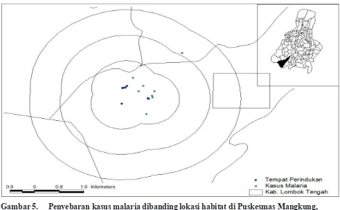 Gambar 5.     Penyebaran kasus malaria dibanding lokasi habitat di Puskesmas Mangkung, 