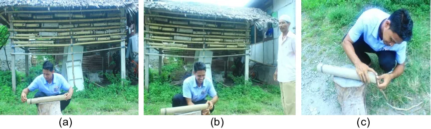 Gambar   1.   Naungan   untuk   media   budidaya   lebah   Trigona   sp.   di   lokasi   penelitian,  pengukuran  panjang  (a),  keliling  (b)  dan  tebal  (c)  bambu    