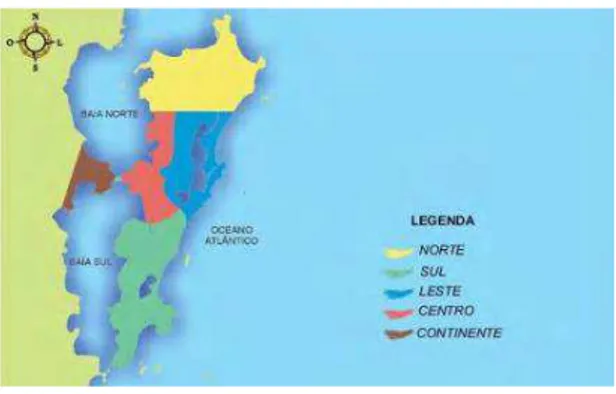 Figura 13 - Divisão regional dos roteiros de coleta  na ilha de Santa Catarina. 