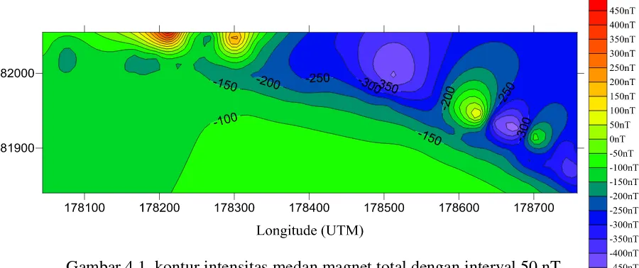 Gambar 4.1. kontur intensitas medan magnet total dengan interval 50 nT. 