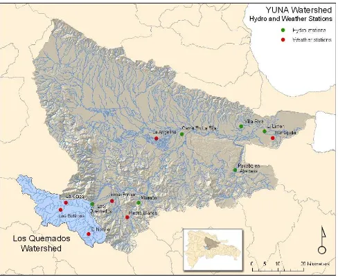 Figure 1.  General Reference Map of the Yuna Watershed in the Dominican Republic showing distribution of hydrologic and weather stations and the Los Quemados sub-watershed