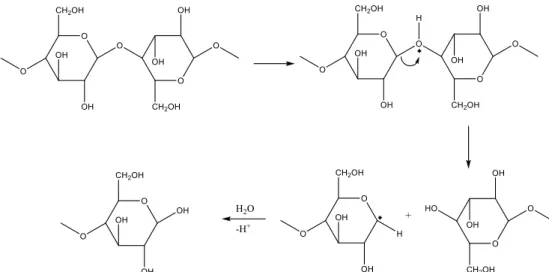Gambar 1. Mekanisme reaksi hidrolisis selulosa dalam kondisi asam 