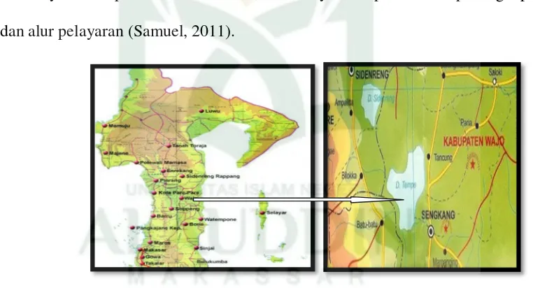 Gambar  2.3. Peta dan lokasi penelitian di Danau Tempe (BKPMD, 2015) 