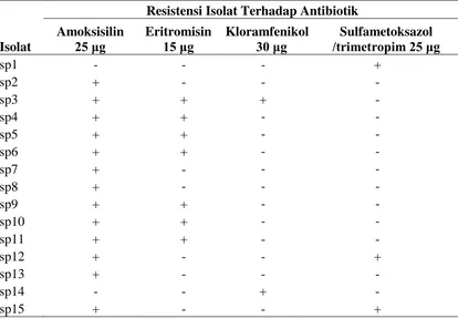 Tabel 1. Hasil uji bakteri resisten antibiotik terhadap beberapa jenis antibiotik. 
