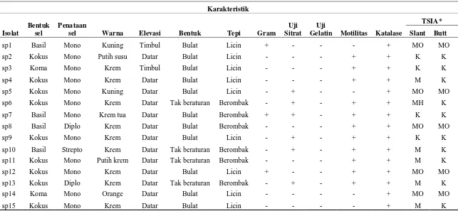 Tabel 2. Karakteristik morfologi sel dan uji biokimia 15 isolat bakteri resisten antibiotik 
