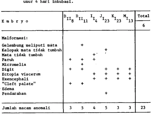 Tabel  2:  Enbryo  ayam yang  nenperllhatkan  leblh  darl  dua  macan anoDall  sesudah  dllnjekel  dengan  0.04  ng  Endoxan pada urur  4  hari  lnkubasl.
