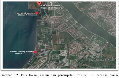 Gambar 3.2. Peta lokasi stasiun dan penempatan transect  di perairan pantai 