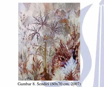 Gambar 9. Manusia Berambut Api (65x90 cm, 2007) Bahan  yang  digunakan yaitu  rerumputan,  daun kupu-kupu, pelepah tanduk rusa, daun kadaka, dan  daun mahoni