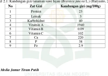 Tabel 2.1: Kandungan gizi tanaman sawi hijau (Brassica juncea L.) (Haryanto, 2007).