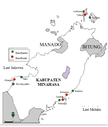 Gambar 1.  Lokasi desa proyek dan desa kontrol di Sulawesi Utara.