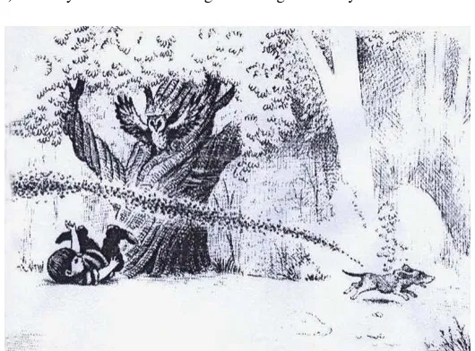 Figure 1.  The owl coming out of a hole on the tree, the boy falling down, and the dog running away being chased by a swarm of bees  