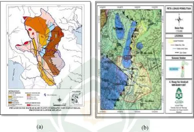 Gambar 1.3. (a) Peta geologi daerah Enrekang dan Tana Toraja, Provinsi Sulawesi Selatan, (b) Peta lokasi penelitian yang di overlay dengan peta geologi  