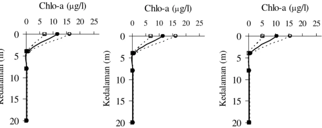 Gambar 11. Hubungan antara rerata konsentrasi chlorofil-a dengan kedalaman air di setiap elevasi muka air waduk