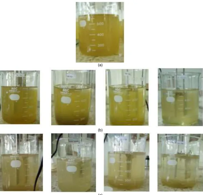 Gambar 2  a)  Dokumentasi  kondisi  awal  air  limbah,  b)  hasil  pengolahan  menggunakan  metode  elektrokoagulasi  dengan  perlakuan 6V; dan c) 12V selama 15,30, 45, dan 60 menit