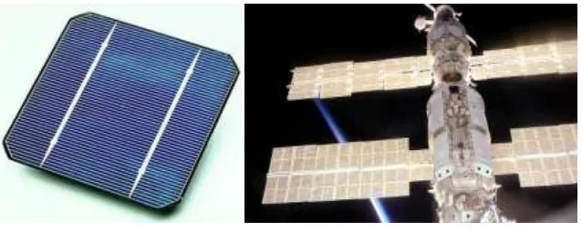Gambar kiri adalah sel surya yang terbuat dari silicon wafer monocrystaline. Gambar kanan menunjukkan panel 