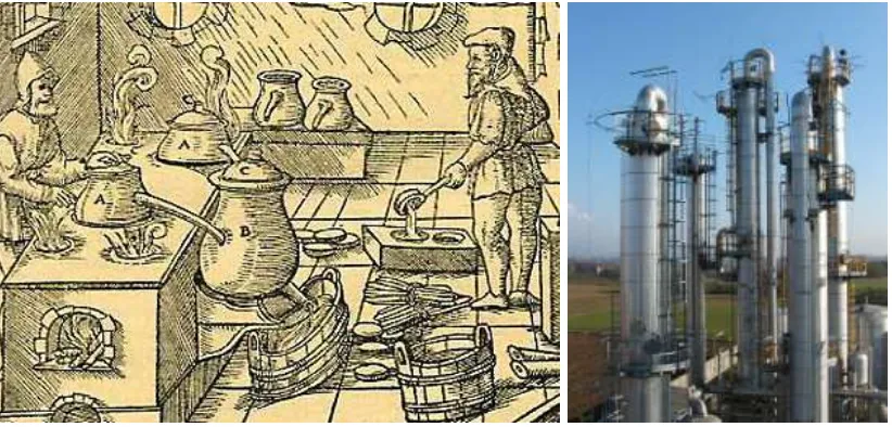 Gambar kiri: Proses distilasi uap untuk menyuling minyak esensial yang ditemukan pertama kali oleh ilmuwan Arab, Ibn Sina (atau Avicenna, hidup antara 980-1037 M)