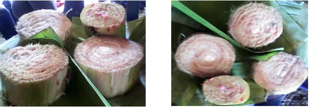 Gambar 4.10 Batang semu tanaman pisang yang dipotong-potong menjadi beberapa bagian sebagai talenan untuk mengiris-iris daging