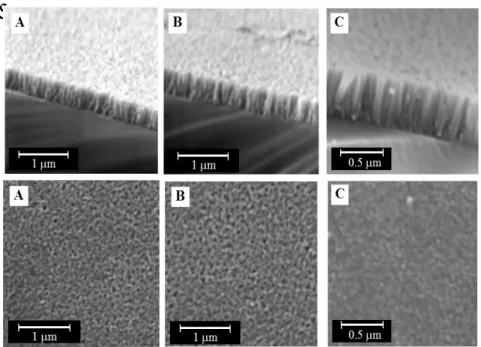 Gambar 9  Potret SEM penampang lintang (atas) dan permukaan (bawah) film  tipis Ti 1-x Co x O 2 /Si  dengan masing-masing prosentase konsentrasi kandungan  Co: (A) 0,41% ; (B) 2,97% dan (C) 5,77% 