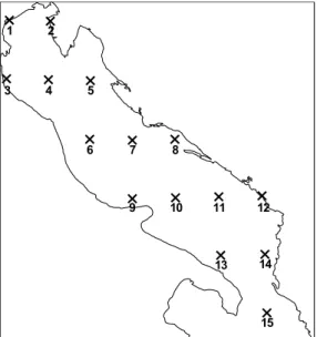 Figure 1. Map of the Adriatic, showing the grid points of ECHAM4 model in the region.