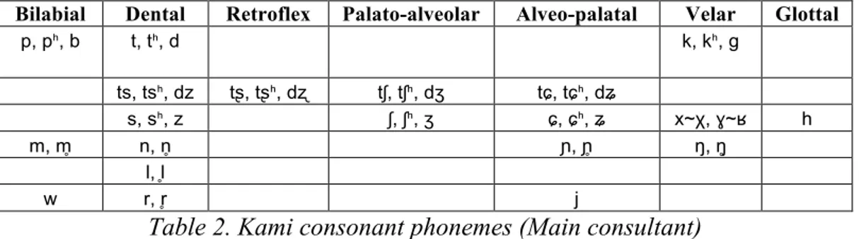 Table 2. Kami consonant phonemes (Main consultant) 