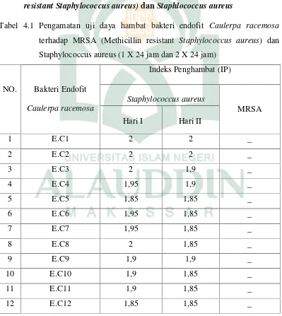 Tabel 4.1 Pengamatan uji daya hambat bakteri endofit Caulerpa racemosa
